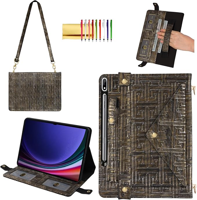 Handbag Case for Samsung Galaxy Tab S10 FE/S9 FE 10.9/S9/S8/S7 11 Techcircle Folio Stand Crossbody Wallet Protective Cover with S Pen Holder &amp Card Slots Hand Strap &amp Shoulder Strap Black