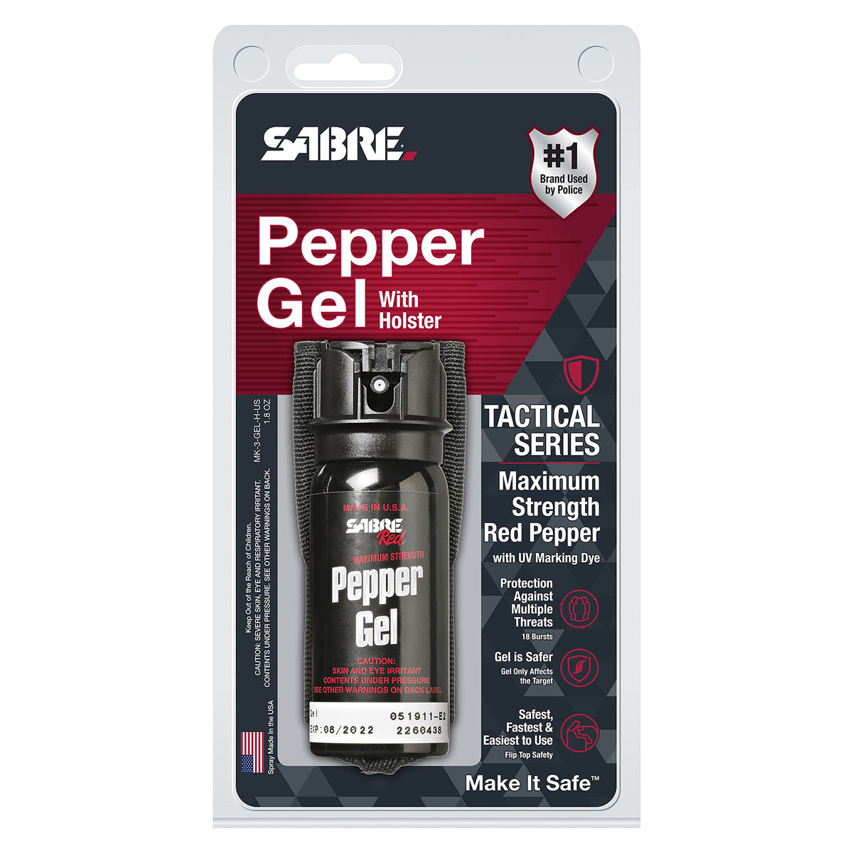 SABRE Tactical Pepper Gel with Belt Holster – Professional‑Grade Self Defense Spray, Maximum Police Strength OC, 20 ft Range, Wind‑Resistant Gel with UV Dye, Fast Flip Top Safety, 1.8 fl oz