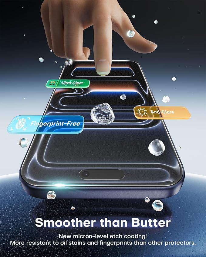 OMOTON 2+2 Pack Matte Screen Protector for iPhone 17 Pro 6.3 Inch 2025 Matte Layer Film with Camera Lens Protector Tempered Glass with Easy Installation Tool Anti-glare Smooth Touch Feel as Silk