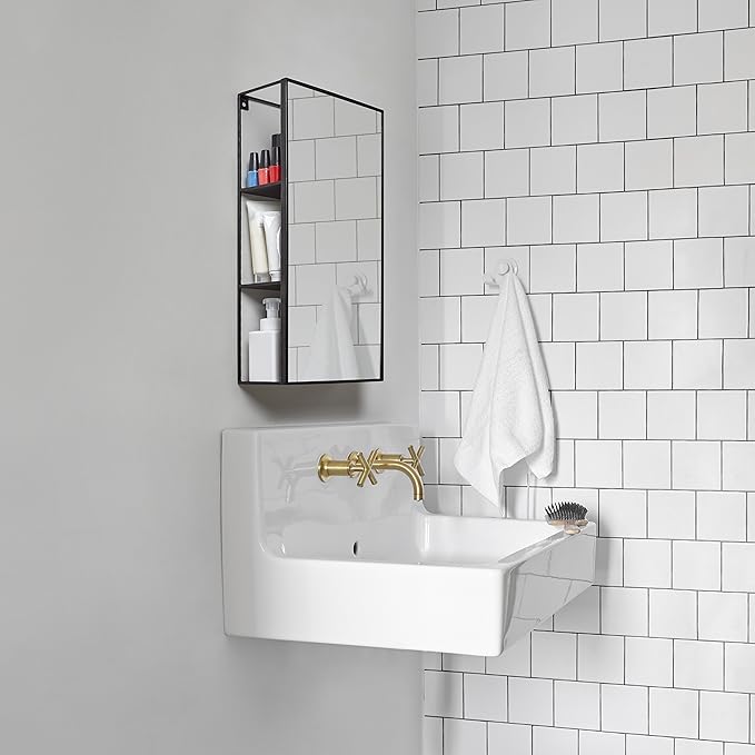 Umbra Cubiko 24x12" Rectangular Black Metal Bathroom Mirror Storage Cabinet with 3 Shelves