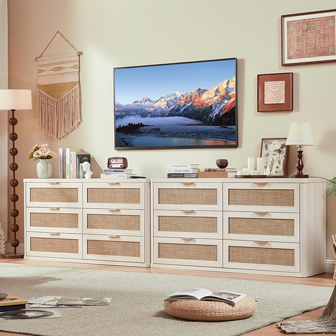 LEYAOYAO Rattan 6 Drawer Dresser for Bedroom Set of 2, Boho 54" Wide White Dresser Chest of Drawers, Dressers TV Stand with Metal Handle, Storage Dressers Closet Organizer for Living Room, Hallway