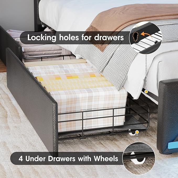 Vabches Full Bed Frame with Storage Headboard and 4 Drawers,Upholstered Platform with Charging Station and Led Lights,Adjustable Headboard with Pu Leather,No Box Spring Needed,Black