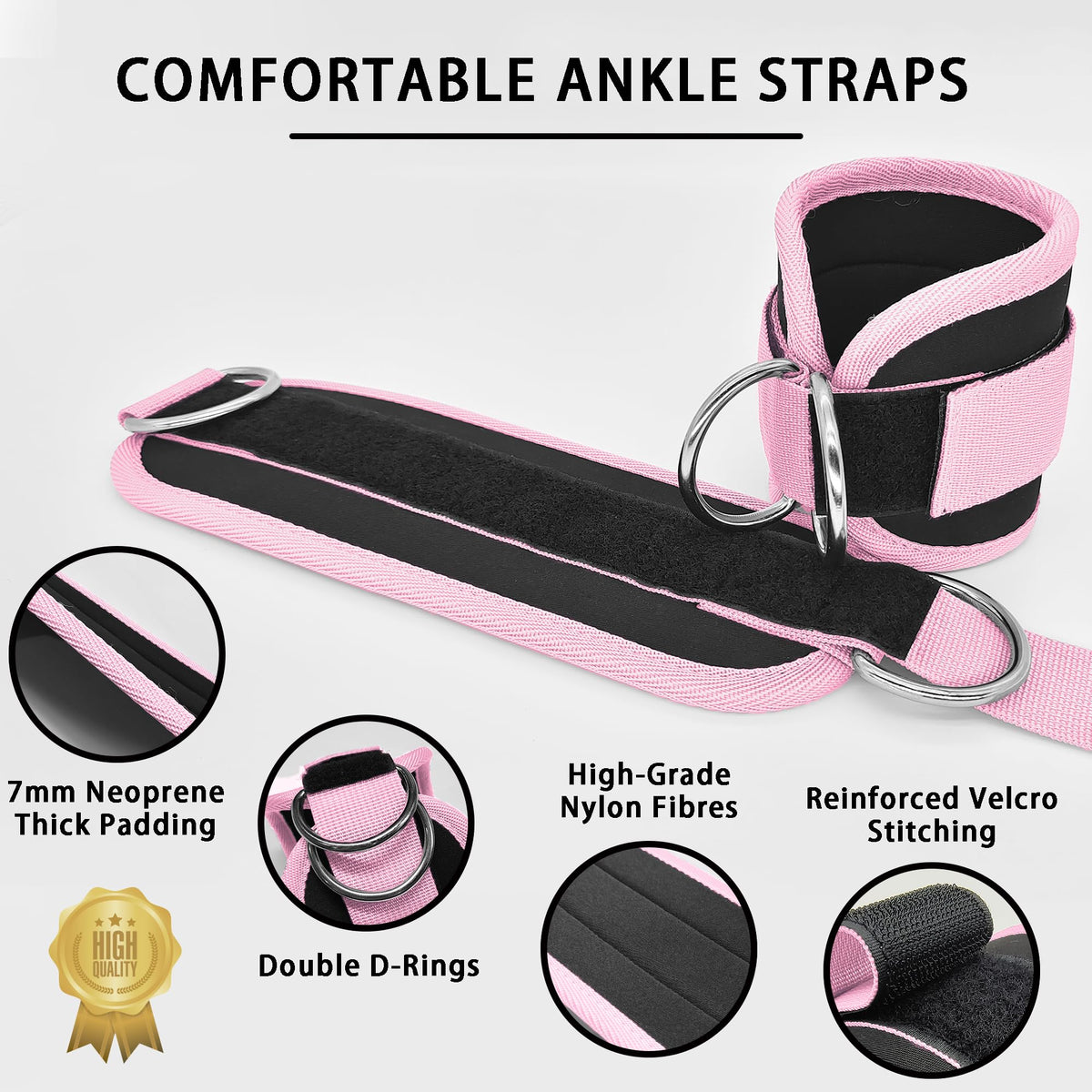 Langmeil Fitness Ankle Straps for Cable Machines, 2 Pack Comfortable Adjustable Padded Ankle Wrist Cuffs, Kickback Glute Workouts for Men Women, D-Ring Leg Straps with Neoprene Padding -Pink