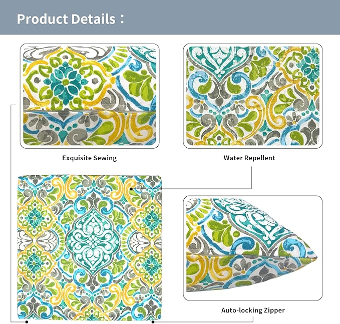 Outdoor Throw Pillow Covers 18”x18”, Decorative Pillow Covers for Patio Furniture, Modern Cushion Cases for Garden Couch Home Sofa Bed Office Chair, Pack of 2,Damask Green