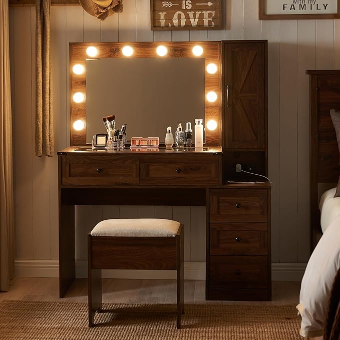 JXQTLINGMU Farmhouse Vanity Makeup Desk with Charging Station, 43" W Vanity Desk with Lights Mirror and Drawers for Makeup, Big Modern Makeup Table Set with Stool for Bedroom, Brown