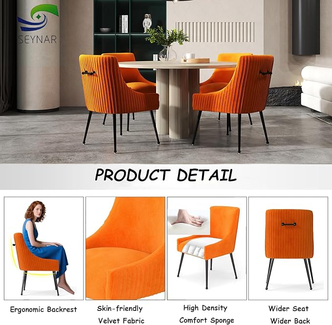 Velvet Dining Chairs Set of 8,Orange Upholstered Living Room Chairs with Black Metal Legs, Modern Tufted Accent Chairs for Living Room, Study Room, Kitchen