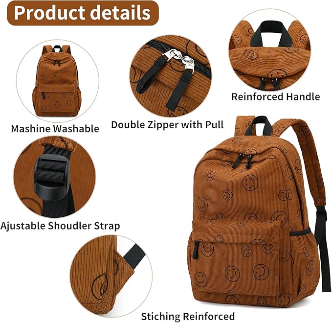 Backpack for Girls Boy Teen Corduroy Bookbags Elementary Middle High School Women Laptop Bag with Lunch Box Pencil Bag (Smile Brown)