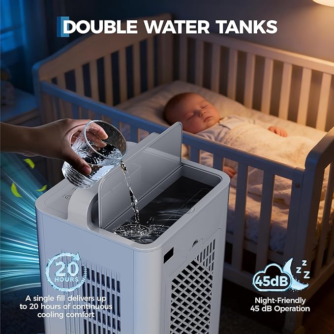 Portable Evaporative Air Cooler, 2.6Gal Touch Screen Cooler Fan with Remote Control, 6 Speeds 3 Modes LED Display, Quiet 3-in-1 Cooling, Ice Packs & Rolling Casters Included, for Bedroom Home Office
