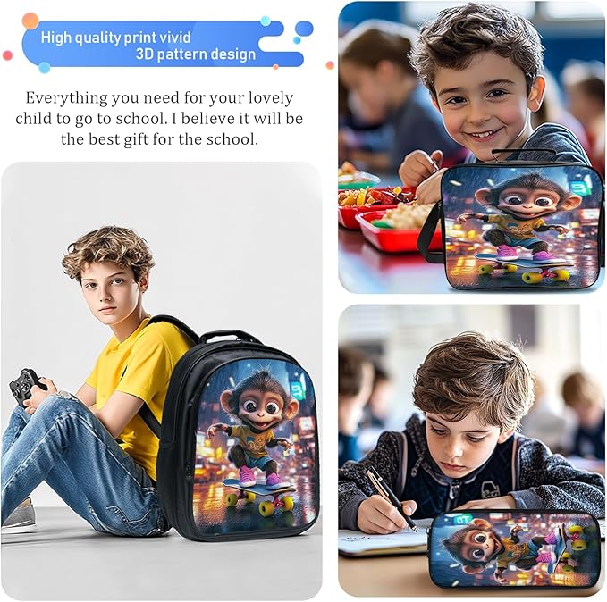 Monkey Backpack Set 3 Piece School Bags and Lunch Box with Pencil Case Funny Monkey Bookbag Set for Toddler Kids Girls Boys Teens Kindergarten Elementary Middle