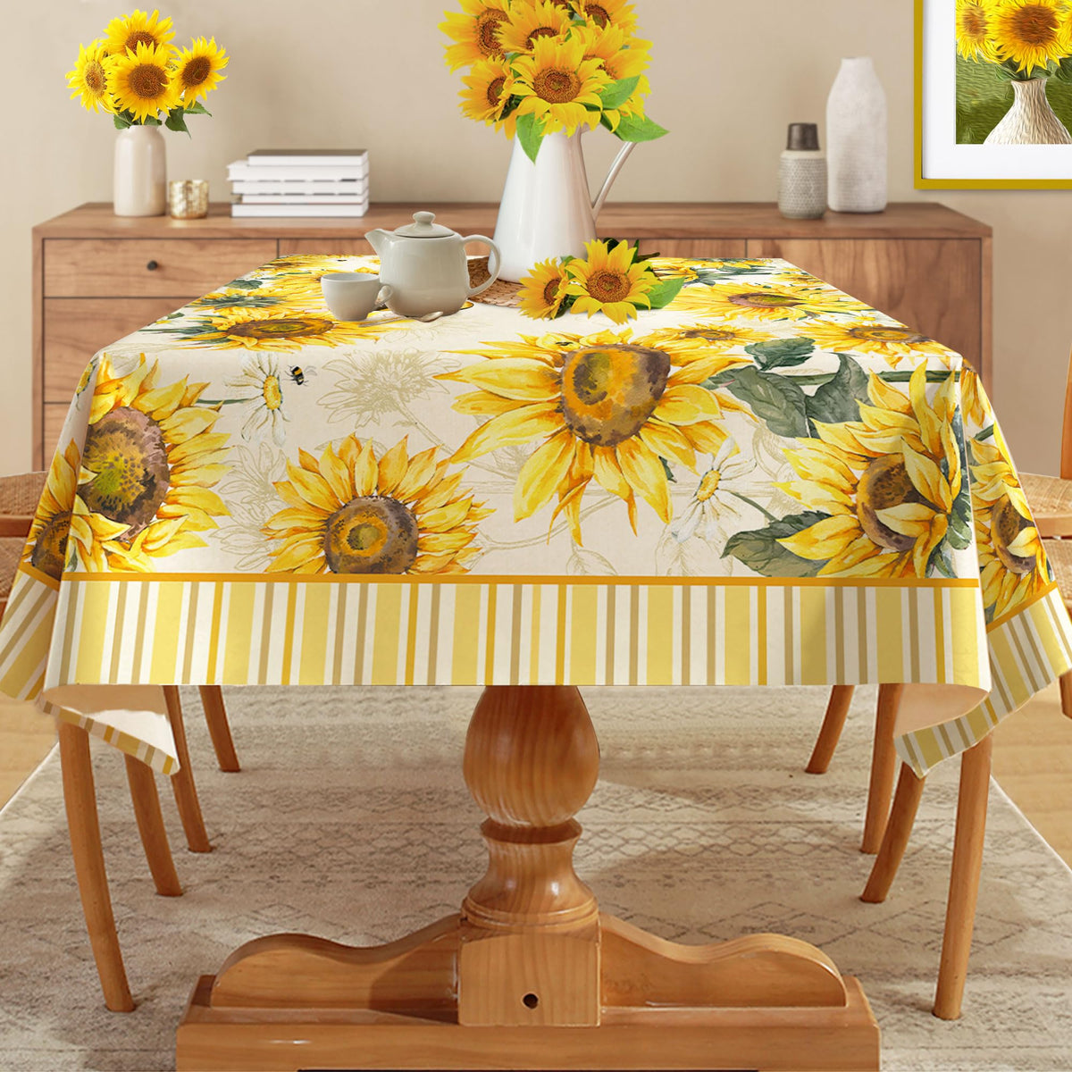 Hexagram Sunflower Tablecloth Rectangle 60x104 Inch Summer and Spring Yellow Floral Table Cloth Farmhouse Season for Home Kitchen Dining Party Decorations