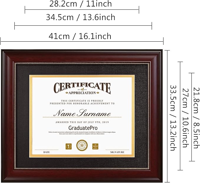 GraduatePro 8.5x11 Diploma Frame with Black Over Gold Mat or Display 11x14 Document Without Mat, CPA License Frame, UV Protection Acrylic, Mahogany with Gold Beads, Pack of 2