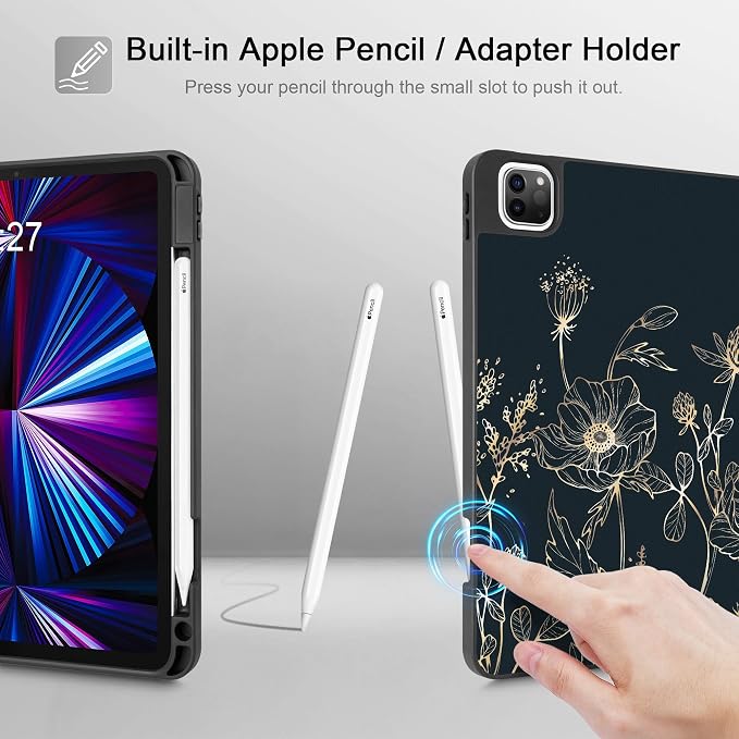 May Chen Case for iPad Pro 11 inch (4th 3rd 2nd &amp 1st Gen) 2022 2021 2020 2018 Trifold Stand + Pencil Holder + Auto Wake/Sleep + Soft TPU Protective Stand Back Cover Abstract Floral