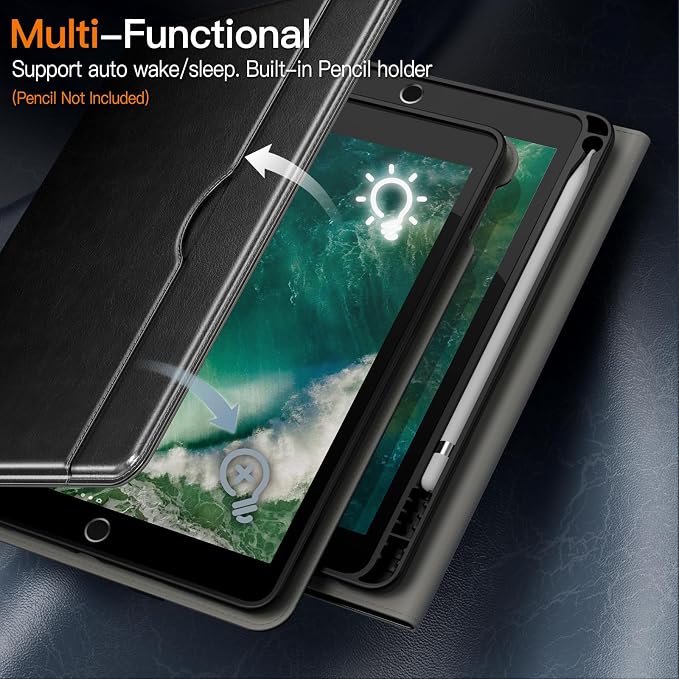 JETech Business Case Cover for iPad 6th/5th Gen 9.7 (2018/2017) Black | PU Leather Design Pencil Holder &amp Pocket Multi-Angle Viewing