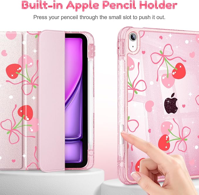 for iPad Air 11 inch M4/M3/M2 (2026/2025/2024) iPad Air 5th/4th Gen (2022/2020) 10.9 inch with Pencil Holder Glitter Clear Pretevtive Cover Auto Wake/Sleep Black Cartoon Stickers