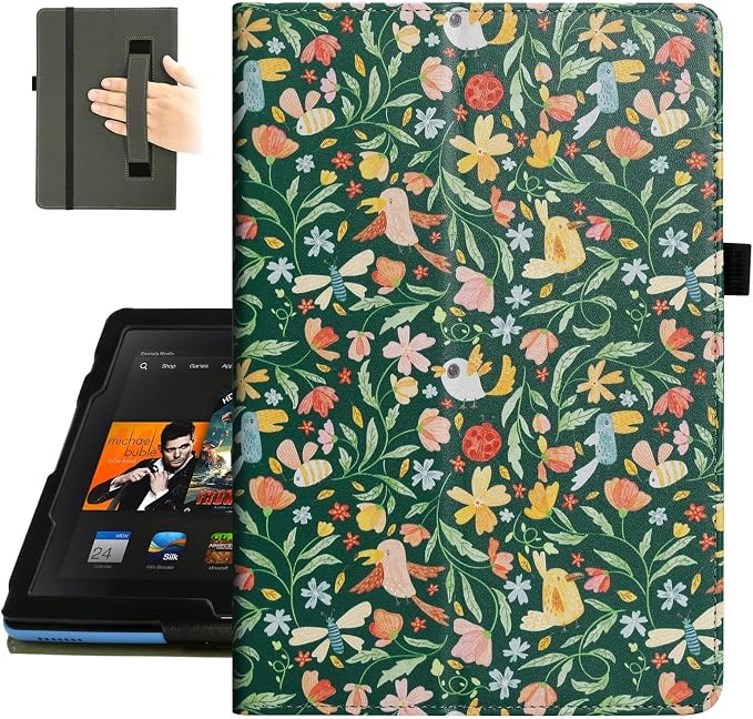 Fancity Case for Kindle Fire HD 10/10 Plus 13th/11th Generation 2023/2021 | Premium PU Leather Protective Case with Adjustable Angles Auto Wake/Sleep Hand Strap for Fire HD 10/10 Plus Black Floral
