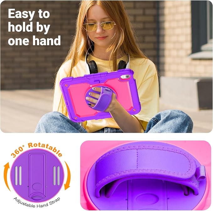 Case for iPad (A16) 11th/10th Generation 11''/10.9'' 2025/2022: Shockproof Protective Case with Hand/Shoulder Strap Pencil Holder Rotate Stand Screen Protector Black