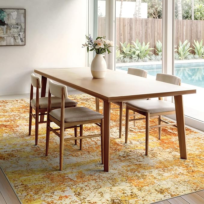 Washable Area Rugs 8x10 - Abstract Living Room Rugs Modern Neutral Soft Rug Stain Resistant Non-Slip Low Pile Large Carpet for Bedroom Dining Room Nursery Home Office - Orange/Gold