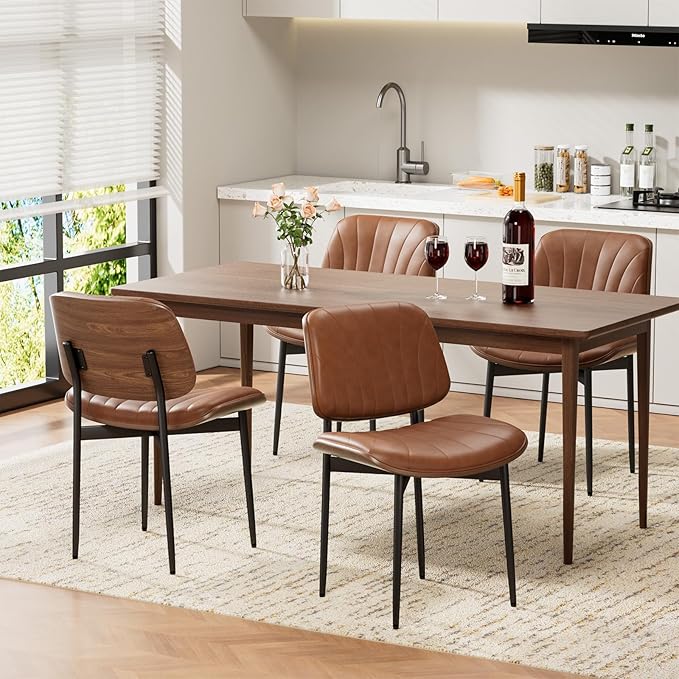 Dining Chairs Set of 2, Mid-Century Modern Upholstered PU Leather Chairs with Walnut Bentwood Back and Metal Legs Adjustable Feet for Kitchen Dining Room, Camel Shell Strips