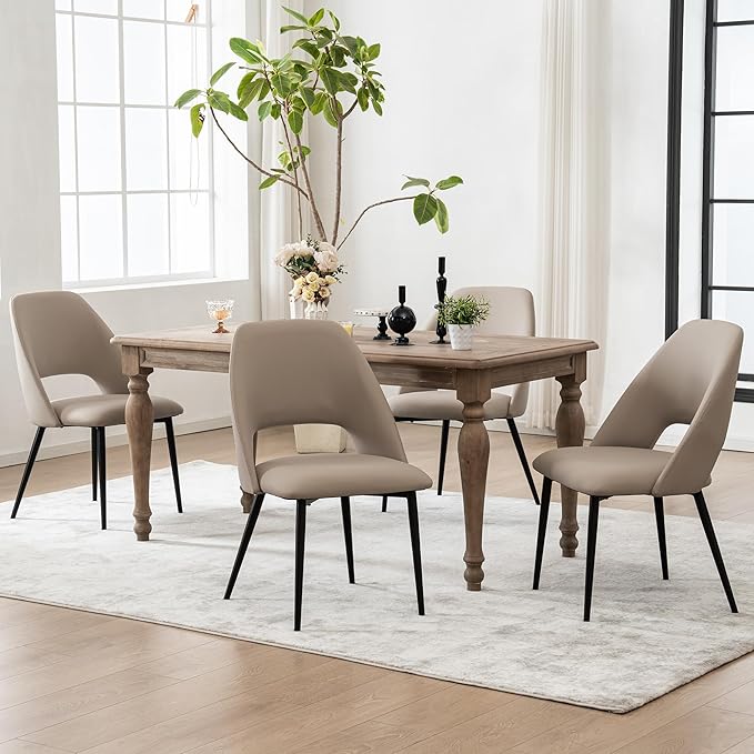Rowill Dining Chairs Set of 2 Upholstered Dining Room Chairs Mid Century Modern Dining Chairs Faux Leather Kitchen Chairs Accent Chair with Metal Legs for Living Room Bedroom, Khaki