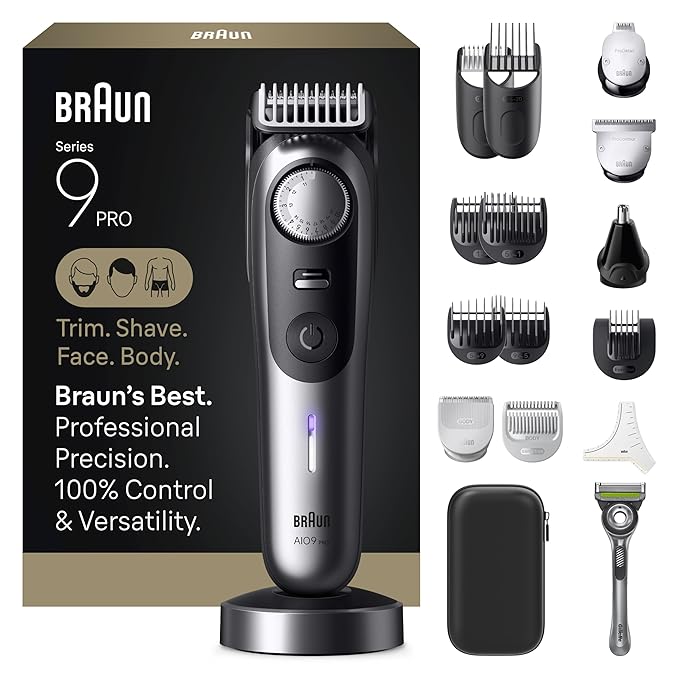 Braun Series 9 PRO All-in-One Beard and Body Trimmer for Men with Gillette Labs Razor, Cordless Grooming System with Precision Length Control, Rechargeable Electric Facial Hair Tool, AIO 9570