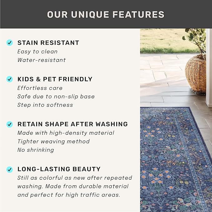 Vintage Dark Blue Living Room Rug 5x8 Area Rug - Vintage Floral Forest Washable Mat for Dining Room, Bedroom, Low Pile Non Slip Stain Resistance Distressed Retro Indoor Boho Floral Carpet