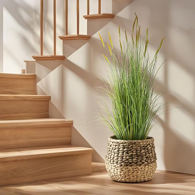 KOL 4ft 2-Pack Artificial Cattail Reed Grass, 47.2’’ Artificial Indoor Outdoor Fake Onion Grass Plant, Home Office Wedding Decorative Potted Plant Faux Greenery, Housewarming Gift, Green