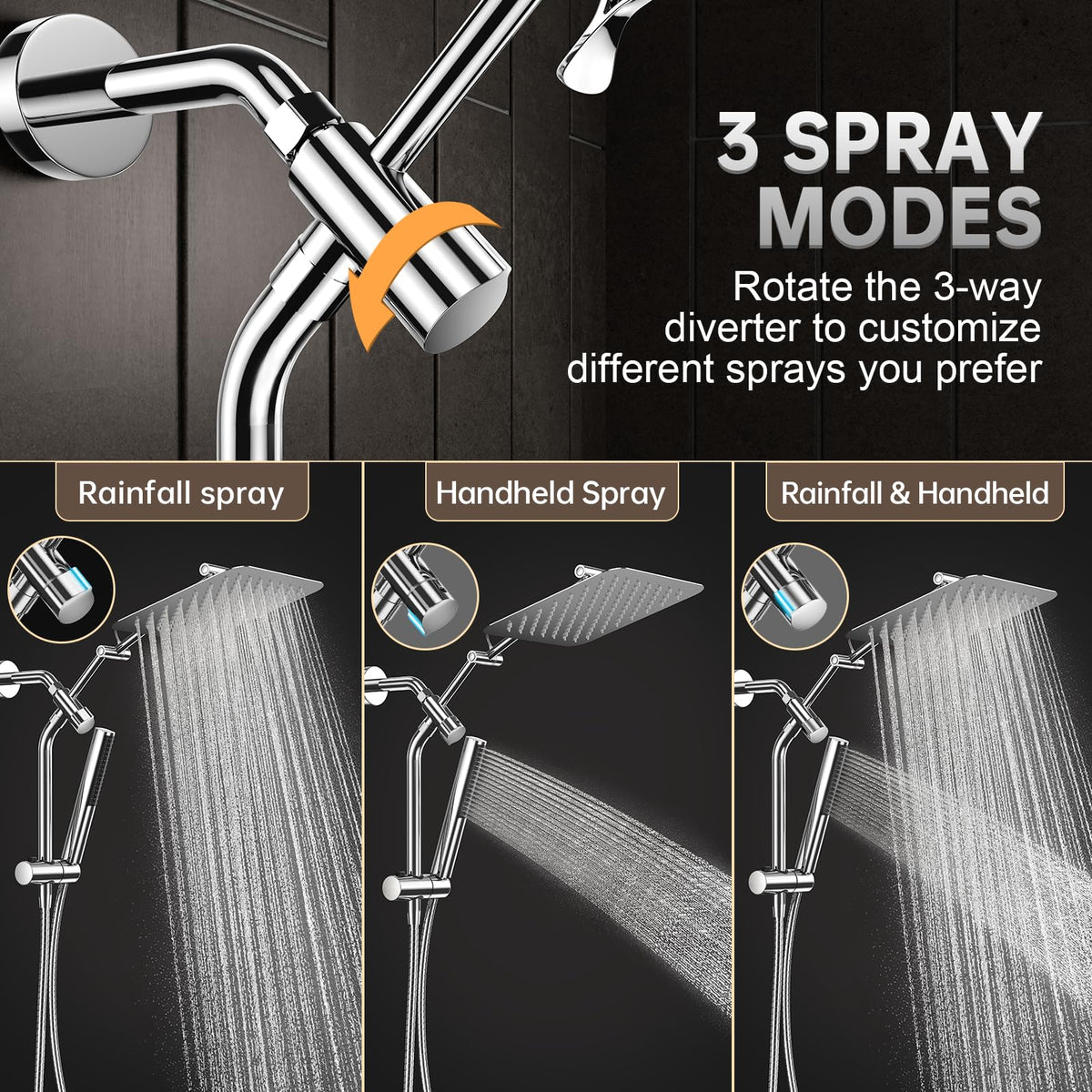 Veken All Metal 10" Shower Head with Handheld, Luxurious Square Double Rain Shower Heads with Spray Combo, Dual High Pressure Detachable Rainfall Showerhead with Extension Arm, Long Hose,Chrome,Sliver