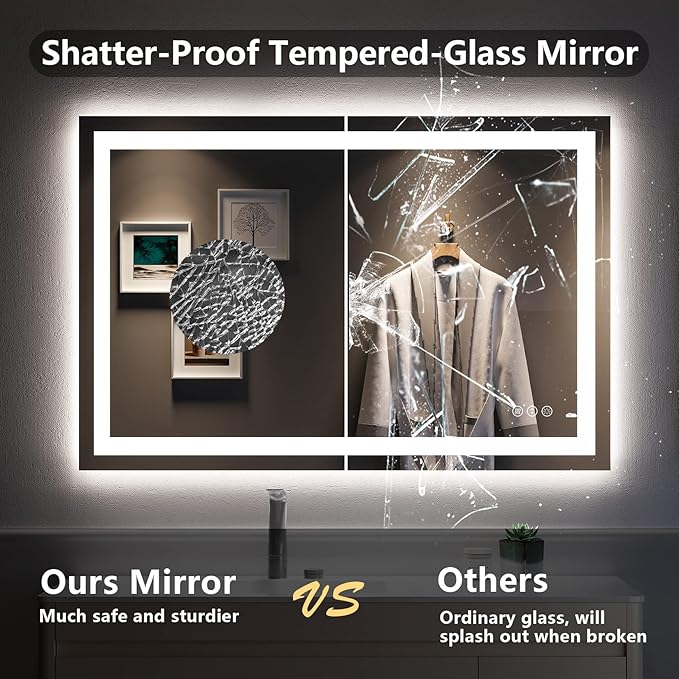YEELAIT 48x32 Inch LED Bathroom Mirror with Lights Front and Backlit Lighted Vanity Mirror for Bathroom Wall with 3 Colors Dimmable Anti-Fog Memory Shatter-Proof IP54 Waterproof Horizontal/Vertical