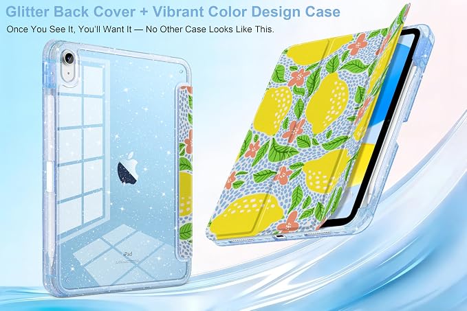 MEEgoodo Case for iPad A16 11th Generation 2025/10th Generation 2022 Glitter Tablet Cases with Transparent Acrylic Back+Trifold Stand +Pencil Holder+Auto Wake/SleepAbstract Sun &amp Palm Tree