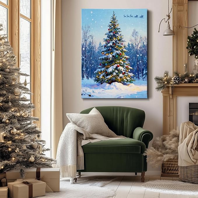 Snowy Christmas Tree Canvas Wall Art - Winter Wonderland Landscape Framed Canvas Prints for Home Office, Festive Christmas Wall Art Ready to Hang, Ideal Christmas Gifts & Holiday Decorations