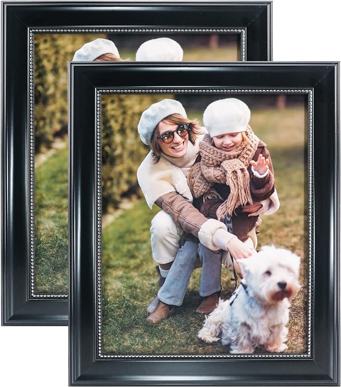 GraduationMall 8x10 Picture Frames, Real Glass, Display Photos for Wall or Tabletop, Black with Silver Beads, 2-Pack