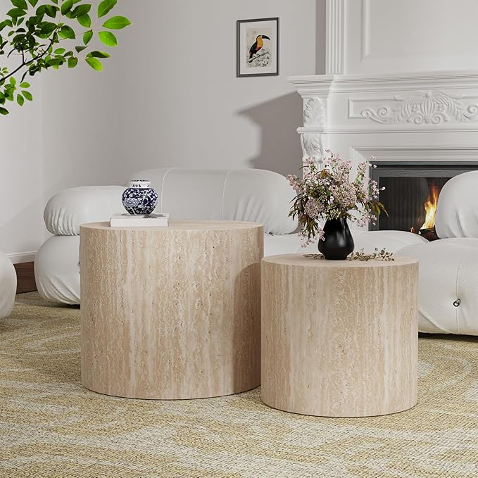 Nesting Coffee Table Set of 2 Modern Round Coffee Table with Non-Slip Feet, Wooden Circle Accent Tables Contemporary Drum Side Table End Table for Living Room Bedroom (Travertine)