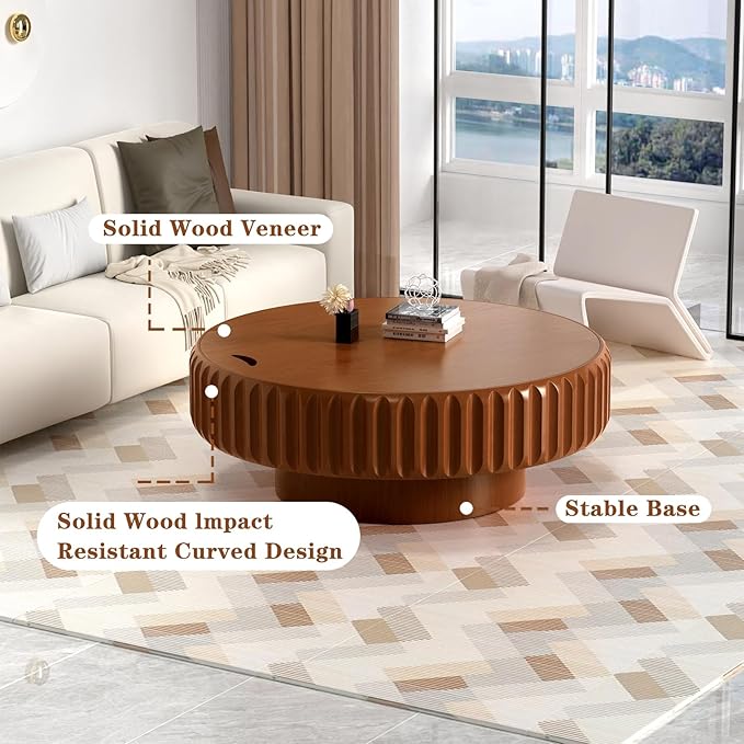31.5" Drum Coffee Table with Storage Modern Unique Fluted Tea Table Contemporary Wood Round Coffee Table Center Table for Living Room Apartment (brown-31.5in)