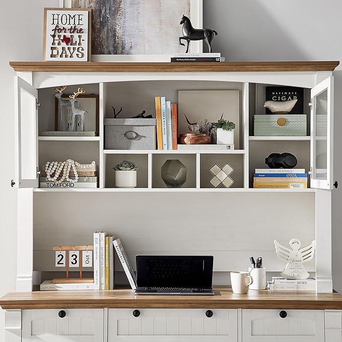 OKD 60" Executive Desk with Hutch and Drawers, Farmhouse Home Office Desk with Charging Station, Keyboard Tray, File Cabinet Storage, Wood Computer Desk for Work and Study, Antique White