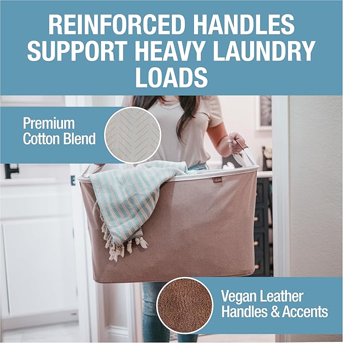 CleverMade Collapsible Laundry Basket LUXE 2 Pack – 60 L (16 Gal) Foldable Cotton Blend Clothes Hamper with Vegan Leather Accents, Reinforced Handles, Space Saving Laundry Bin Holds 55 lbs - Cream