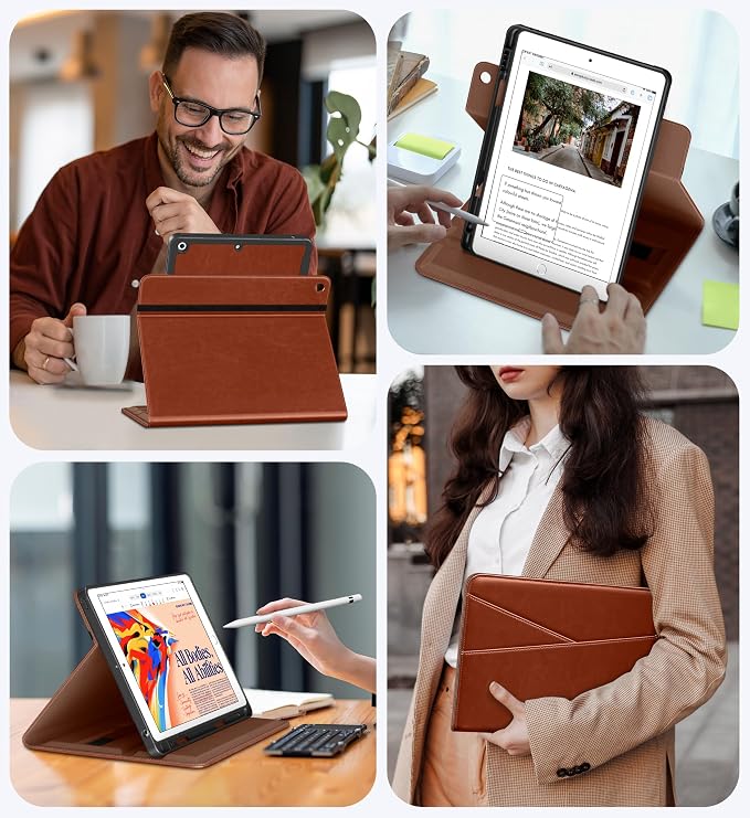 DTTO for iPad 9th/8th/7th Gen Case 10.2 Inch (2021/2020/2019) Brown | 360 Degree Rotating Premium Faux Leather Folio Stand Cover with Pencil Holder Auto Sleep/Wake Multiple Angles Hand Strap