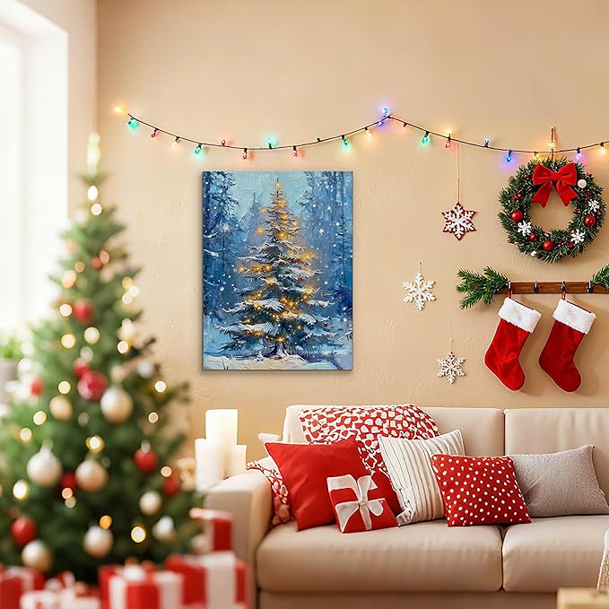 Framed Christmas Pictures Wall Decor,Vintage Pine Tree Prints,Winter Christmas Canvas Wall Art Decoration for Bedroom Bathroom Living Room Rustic Xmas Holiday Gifts (Christmas Tree 1, 11'' X 14'')
