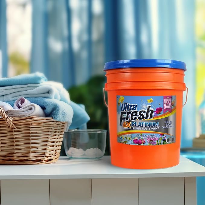 Ultra Fresh 5 Gallon Liquid Laundry Detergent Washing Soap with Spring Fresh Fabric Softener for All Machine Types, 6X Platinum, Up to 640 Loads
