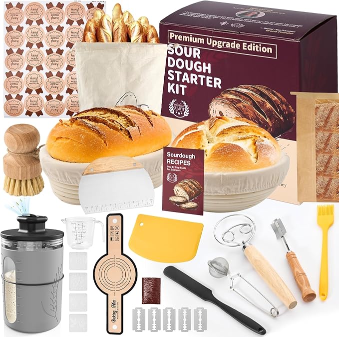 Sourdough Starter Kit with Sourdough Starter Jar, 9"Round and 10"Oval Rattan Banneton Bread Proofing Basket Set, Sourdough Baking Tools, Bread Making Supplies Gift for Bakers
