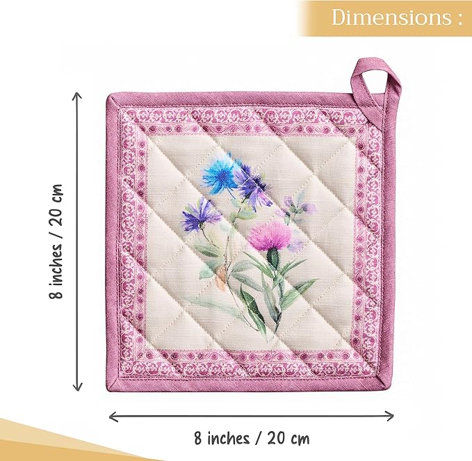 Maison d' Hermine Pot Holders 100% Cotton Heat Resistant Potholders 8" x 8" Hot Pads with Loop BBQ, Cooking, Baking, Grilling, Kitchen, Handling Hot Pans Spring/Summer (Pack of 1, Chardon)