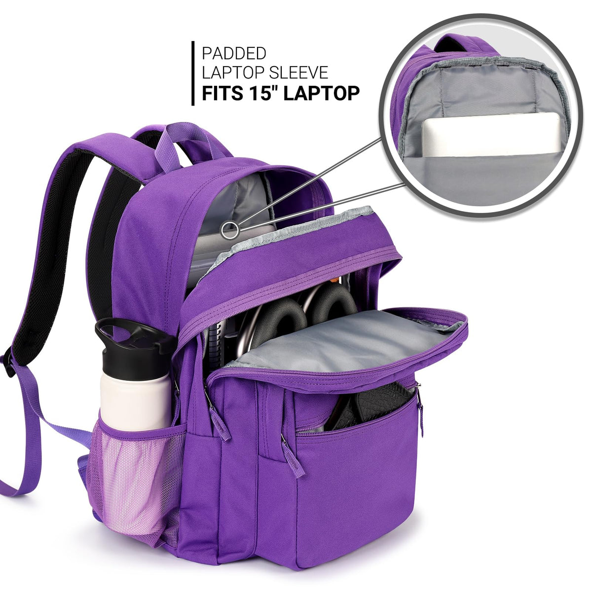 ZORFIN 26L Backpack for College, and Travel: Water Resistant Bookbag - Purple