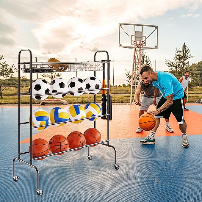 VEVOR Rolling Sports Ball Storage Cart, Lockable Basketball Cage with Double Lids, Sport Equipment Holder Organizer for Indoor Outdoor, Steel Storage Rack for Garages, Playgroup, Gym and Schools