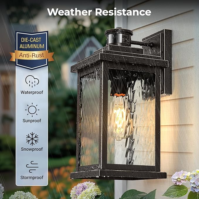 VIANIS Advanced Motion Sensor Light Outdoor, 2 Pack Large Bronze Exterior Lighting Fixtures, Easy-to-Install, Aluminum Waterproof Porch Lights Outdoor with Water Glass for Porch, Garden, Front Door