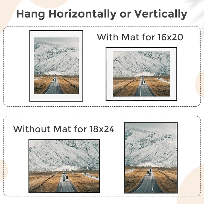 18x24 Metal Picture Frame For Wall With Mat For 16x20, 18''x24'' Aluminum Photo Frames With Tempered Glass, Minimalist Modern Poster Frame Horizontally Vertically Set of 2, Black