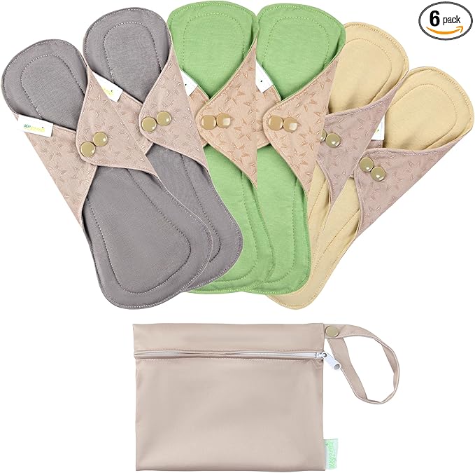 wegreeco 6 Pcs Reusable Menstrual Pads, Ultra Absorbent Cloth Pads for Heavy Flow, Sanitary for Teens, Women, Nonslip, Inner Mustard Yellow, Grey, Beige, Rose Gold Outer, L