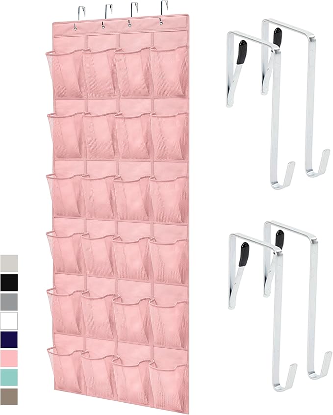 GORILLA GRIP Over the Door Shoe Organizer, 24 Large Breathable Mesh Pockets, Space Saving Hanging Storage Holder, Closet Rack Hanger Holds Up to 40 lbs, Hangs on Closets for Shoes, Accessories, Pink