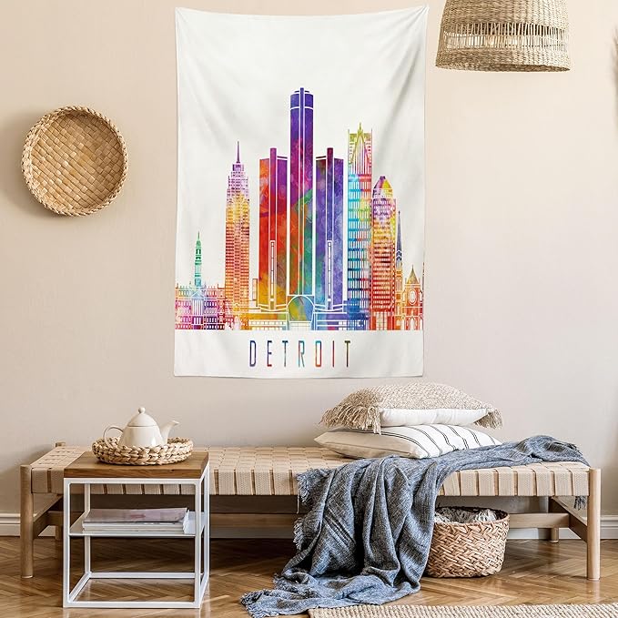 Ambesonne Detroit Tapestry Queen Size, Vibrant Colored Abstract Skyscrapers Modern Architecture Watercolor Style Landmarks, Wall Hanging Bedspread Bed Cover Wall Decor, 88" X 88", Ivory