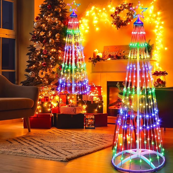 2 Pack 4FT Christmas LED Cone Tree Lights 24 Modes Color Changing with Timer Foldable Lighted Trees Waterproof Outdoor String Lights Holiday Decor for Christmas New Year Xmas Decorations