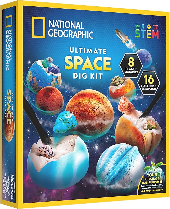 National Geographic Ultimate Space Gemstone Dig Kit – 8 Planet-Shaped Bricks with 16 Real Rock & Gemstone Specimens, Gems for Kids, Excavation Digging Activity, Gem Mining Kit