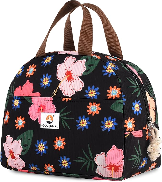 Large Lunch Box for Women, Cute Lunch Box Cooler Bag, Portable Insulated LunchBox Reusable Corduroy Lunch Tote for Work/Travel/Picnic (Flower)